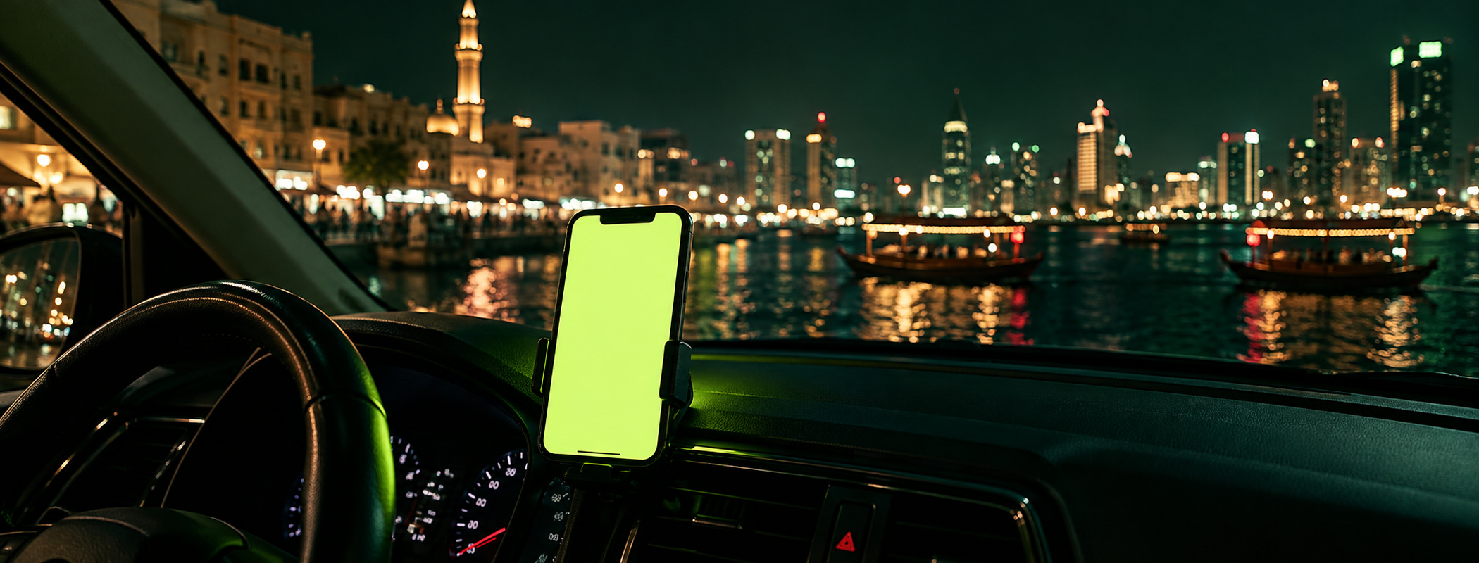 Phone on a car dashboard at night